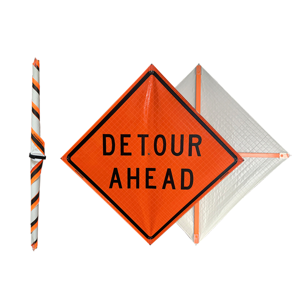 48 Inch Reflective Detour Ahead Roll Up Traffic Sign - 